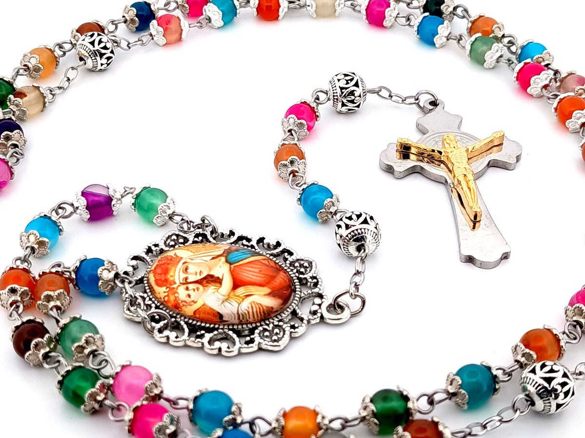 Our Lady of Perpetual Help natural striped agate gemstone unique rosary beads with stainless steel Saint Benedict crucifix.