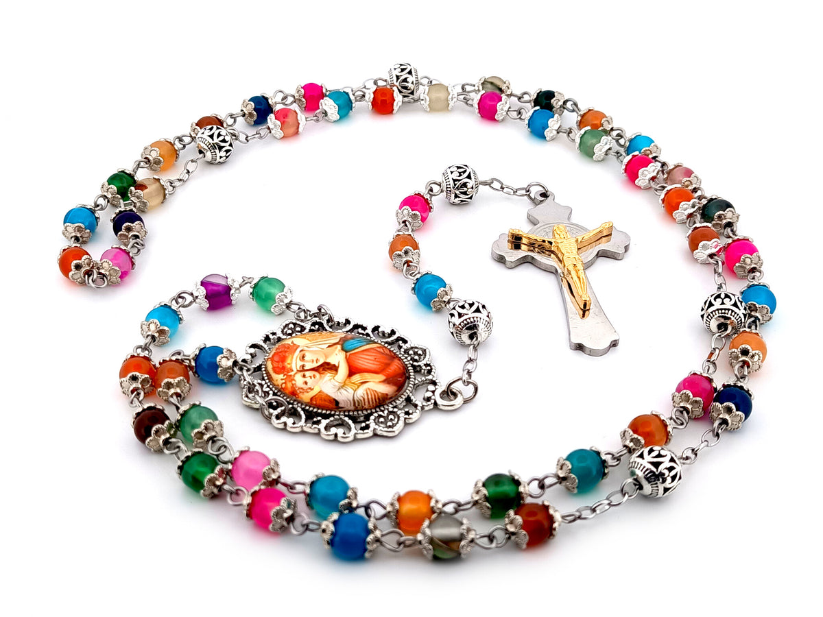 Our Lady of Perpetual Help natural striped agate gemstone unique rosary beads with stainless steel Saint Benedict crucifix.