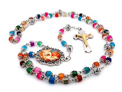Our Lady of Perpetual Help natural striped agate gemstone unique rosary beads with stainless steel Saint Benedict crucifix.