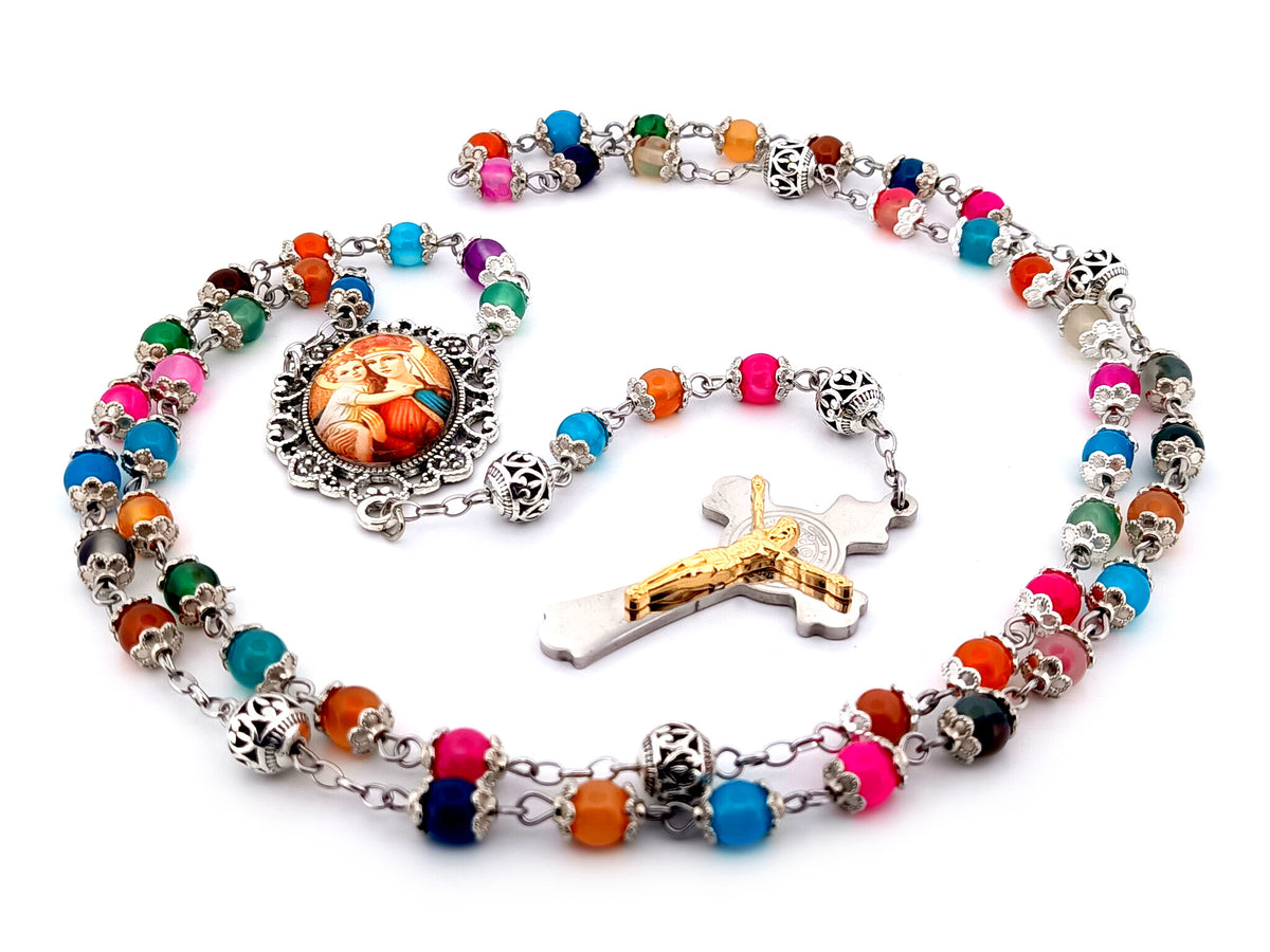 Our Lady of Perpetual Help natural striped agate gemstone unique rosary beads with stainless steel Saint Benedict crucifix.