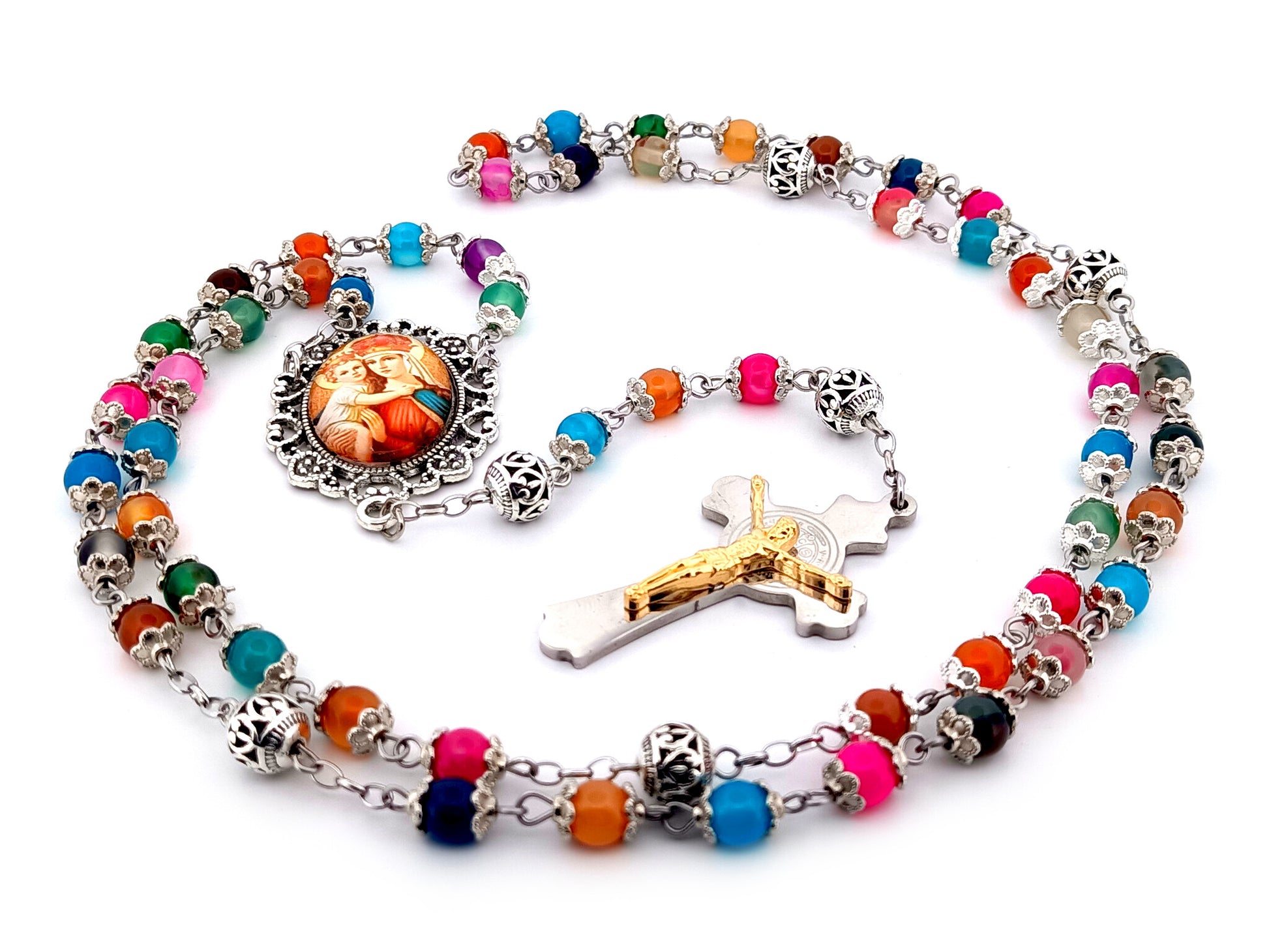Our Lady of Perpetual Help natural striped agate gemstone unique rosary beads with stainless steel Saint Benedict crucifix.