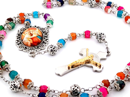 Our Lady of Perpetual Help natural striped agate gemstone unique rosary beads with stainless steel Saint Benedict crucifix.