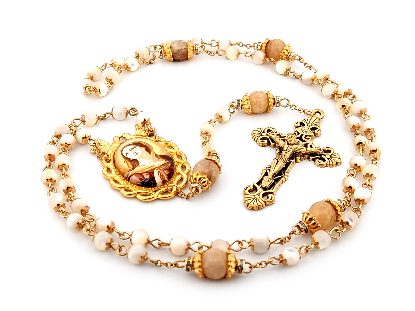 Our Lady of Sorrows mother of pearl and citrine gemstone unique rosary beads with gold plated filigree crucifix.