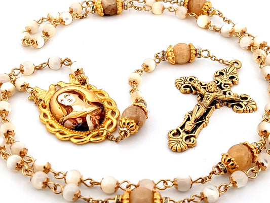 Our Lady of Sorrows mother of pearl and citrine gemstone unique rosary beads with gold plated filigree crucifix.