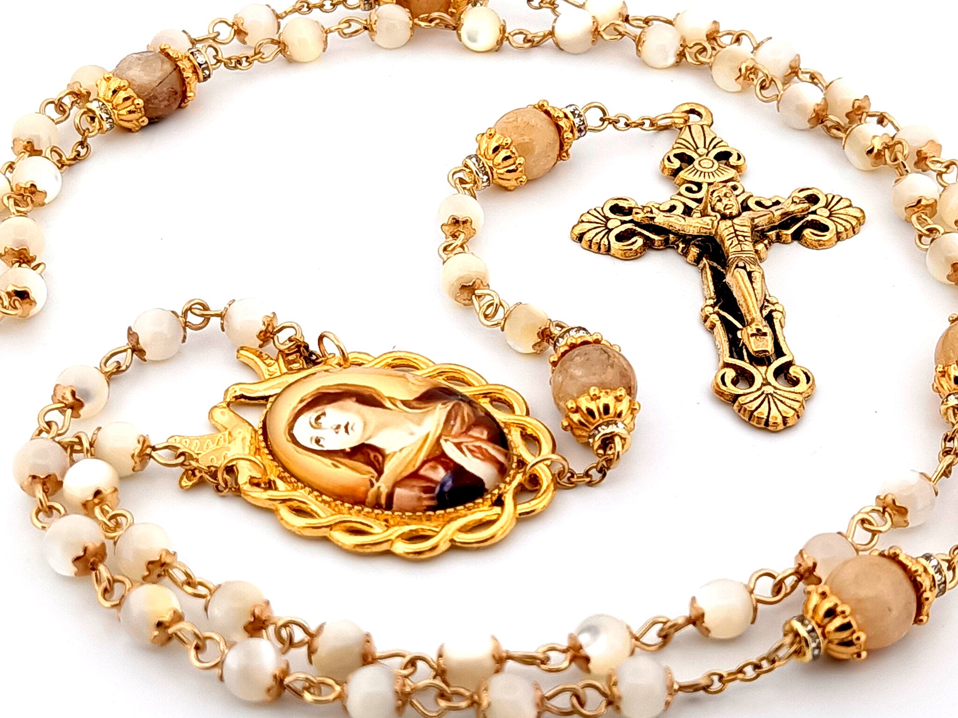 Our Lady of Sorrows mother of pearl and citrine gemstone unique rosary beads with gold plated filigree crucifix.