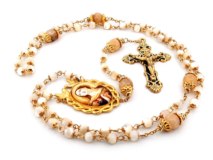 Our Lady of Sorrows mother of pearl and citrine gemstone unique rosary beads with gold plated filigree crucifix.