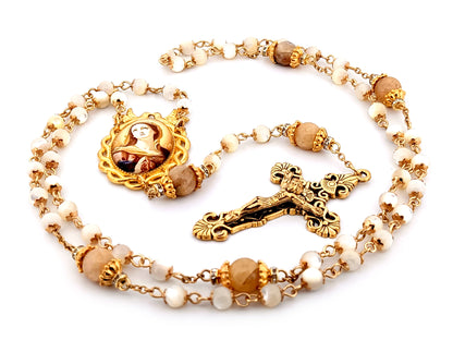 Our Lady of Sorrows mother of pearl and citrine gemstone unique rosary beads with gold plated filigree crucifix.