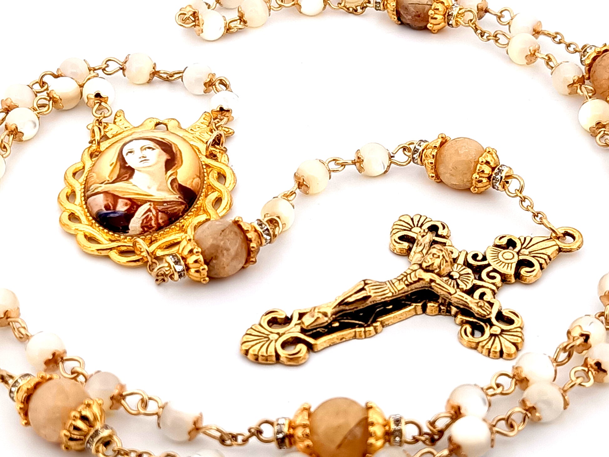 Our Lady of Sorrows mother of pearl and citrine gemstone unique rosary beads with gold plated filigree crucifix.