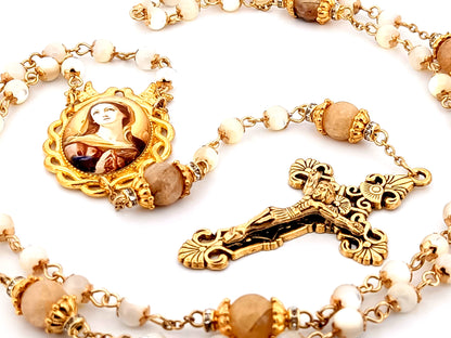 Our Lady of Sorrows mother of pearl and citrine gemstone unique rosary beads with gold plated filigree crucifix.