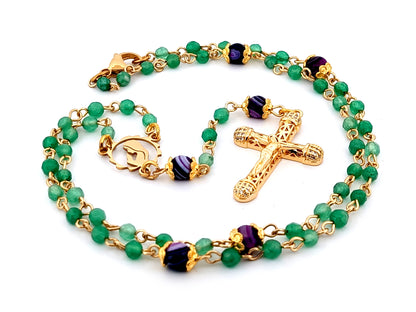 Virgin Mary faceted agate and amethyst gemstone wearable unique rosary beads with small 18K gold plated lattice cubic zirconia crucifix.