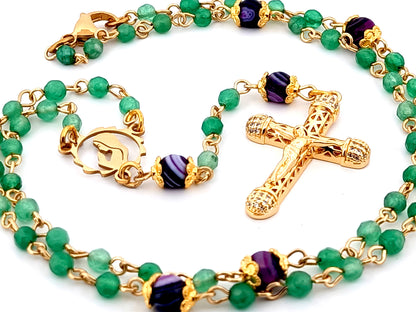 Virgin Mary faceted agate and amethyst gemstone wearable unique rosary beads with small 18K gold plated lattice cubic zirconia crucifix.