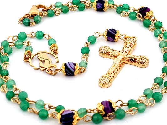Virgin Mary faceted agate and amethyst gemstone wearable unique rosary beads with small 18K gold plated lattice cubic zirconia crucifix.