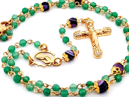 Virgin Mary faceted agate and amethyst gemstone wearable unique rosary beads with small 18K gold plated lattice cubic zirconia crucifix.