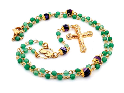 Virgin Mary faceted agate and amethyst gemstone wearable unique rosary beads with small 18K gold plated lattice cubic zirconia crucifix.