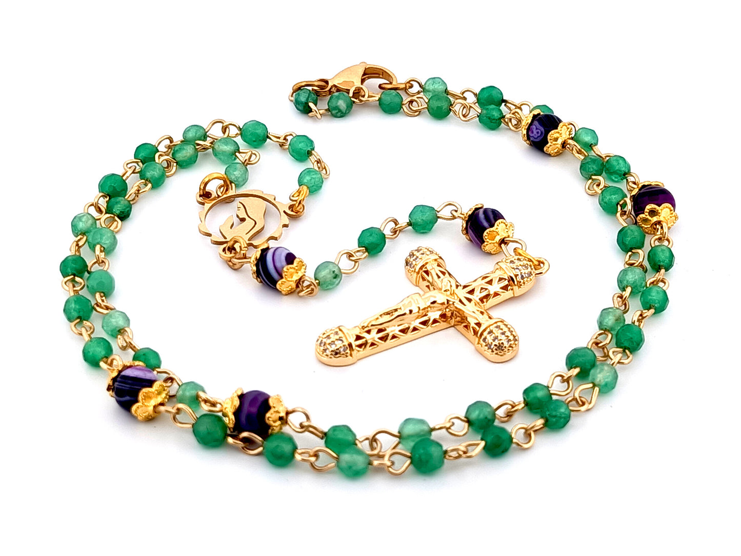 Virgin Mary faceted agate and amethyst gemstone wearable unique rosary beads with small 18K gold plated lattice cubic zirconia crucifix.