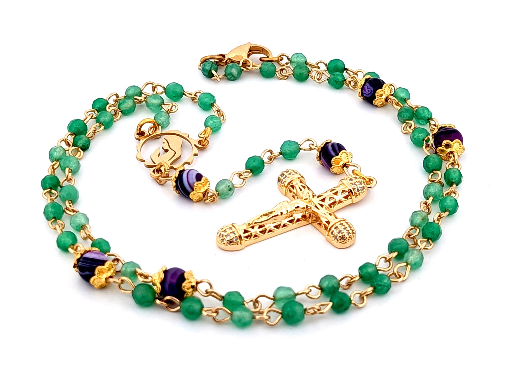 Virgin Mary faceted agate and amethyst gemstone wearable unique rosary beads with small 18K gold plated lattice cubic zirconia crucifix.
