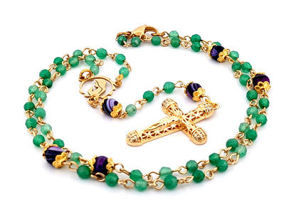 Virgin Mary faceted agate and amethyst gemstone wearable unique rosary beads with small 18K gold plated lattice cubic zirconia crucifix.