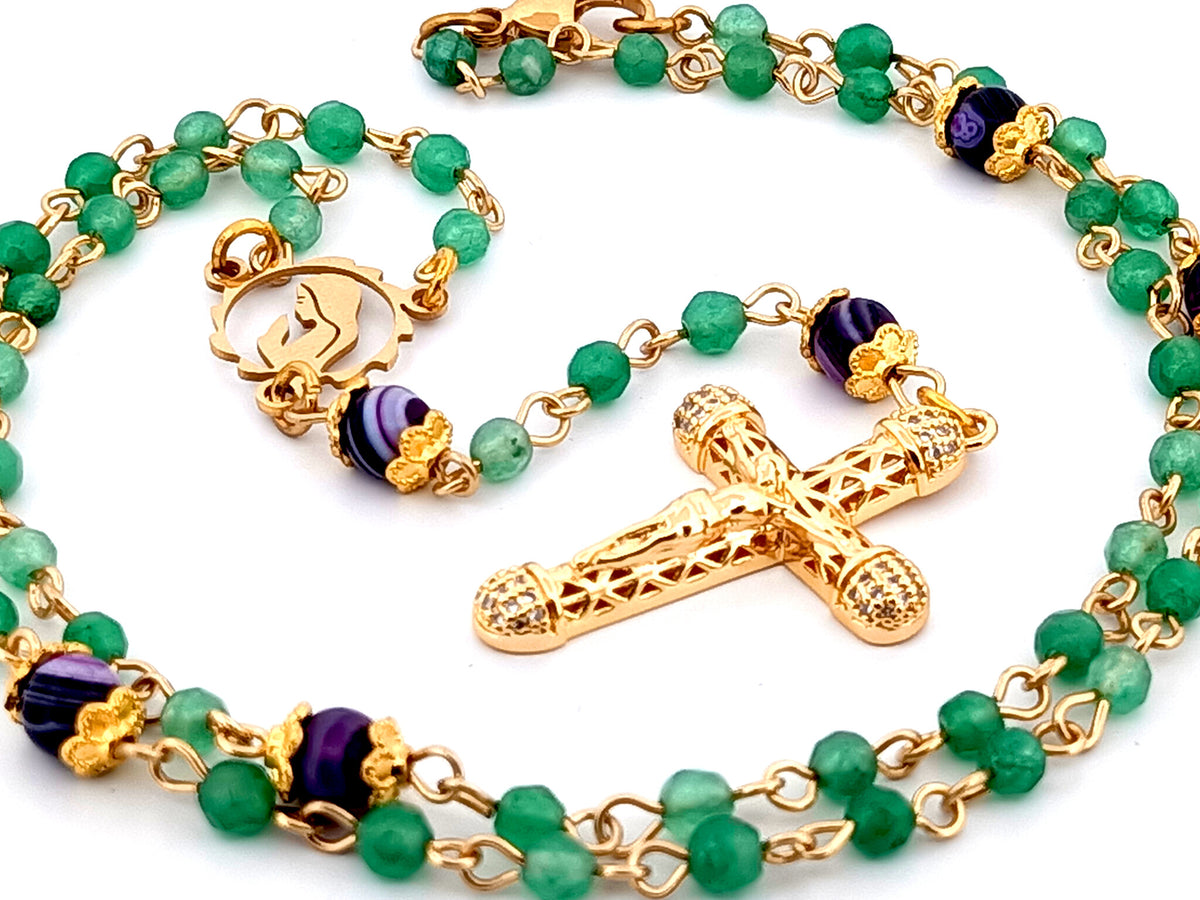 Virgin Mary faceted agate and amethyst gemstone wearable unique rosary beads with small 18K gold plated lattice cubic zirconia crucifix.