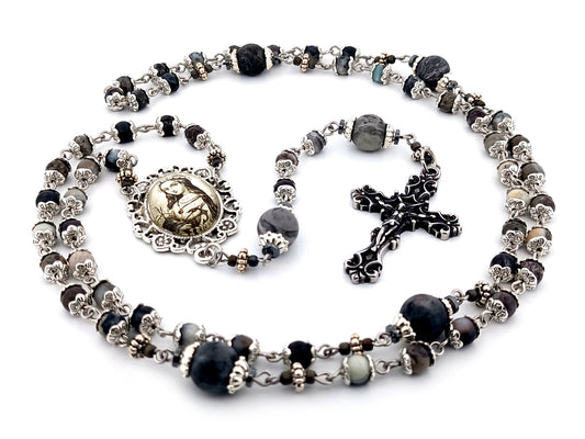 Saint Philomena zebra jasper gemstone unique rosary beads with stainless steel filigree crucifix.
