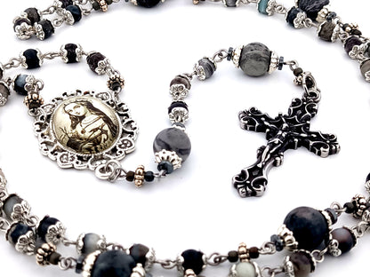 Saint Philomena zebra jasper gemstone unique rosary beads with stainless steel filigree crucifix.