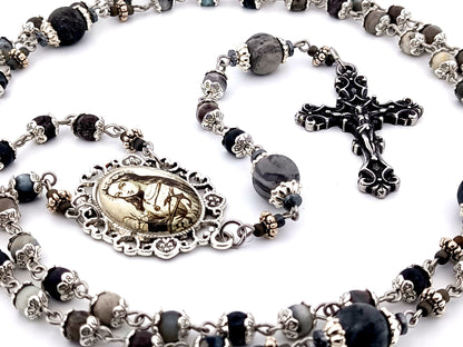 Saint Philomena zebra jasper gemstone unique rosary beads with stainless steel filigree crucifix.