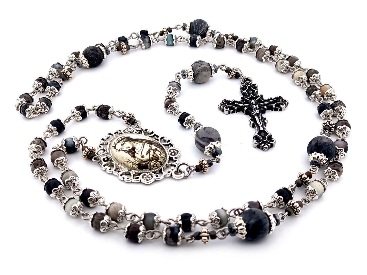Saint Philomena zebra jasper gemstone unique rosary beads with stainless steel filigree crucifix.