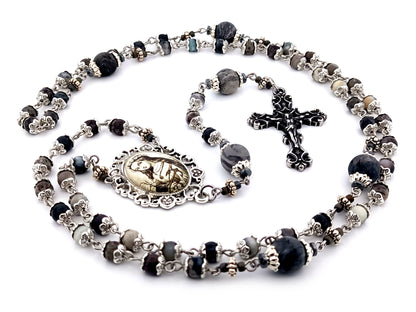 Saint Philomena zebra jasper gemstone unique rosary beads with stainless steel filigree crucifix.