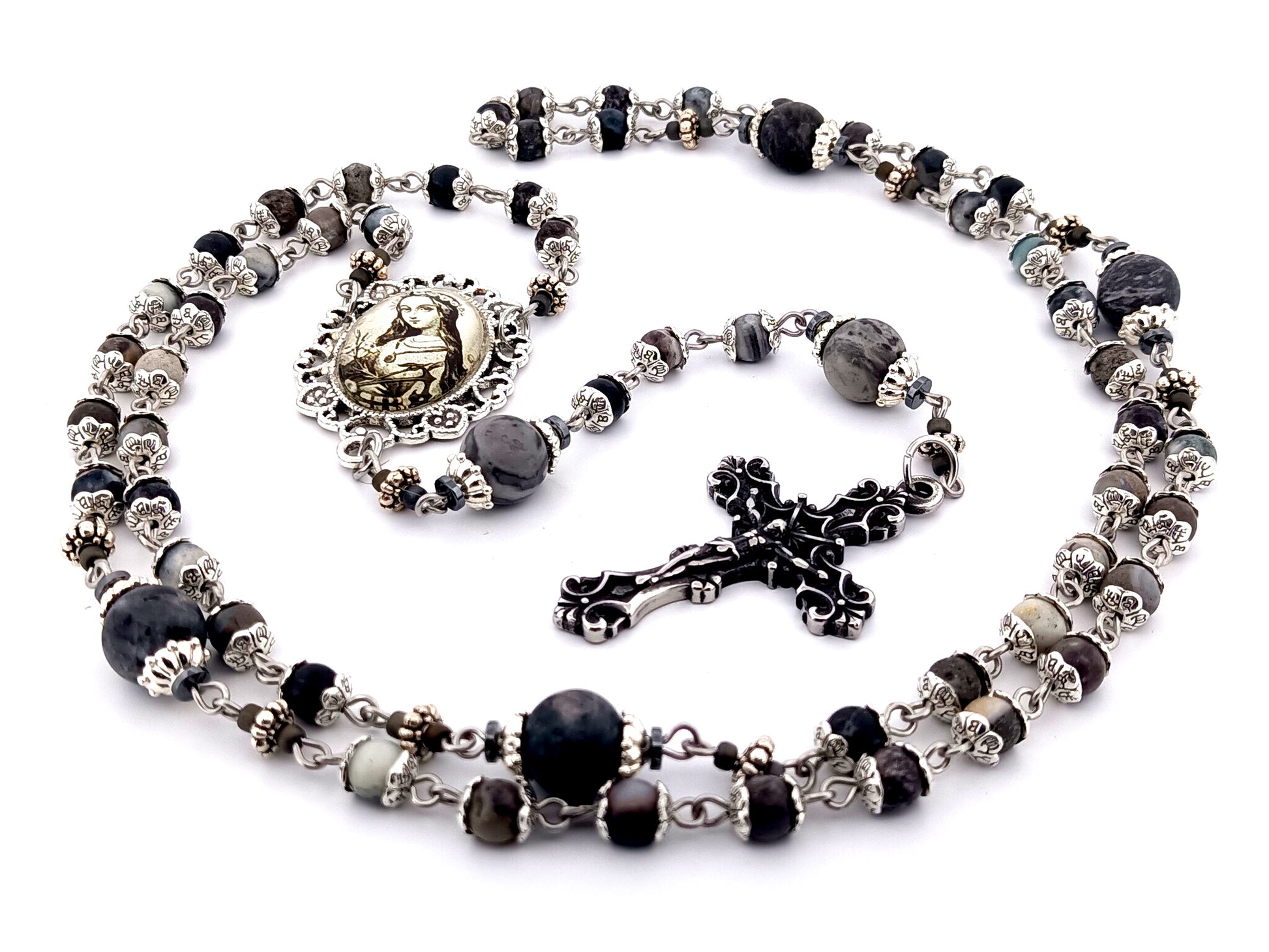 Saint Philomena zebra jasper gemstone unique rosary beads with stainless steel filigree crucifix.