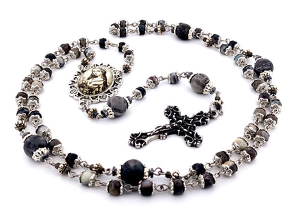 Saint Philomena zebra jasper gemstone unique rosary beads with stainless steel filigree crucifix.
