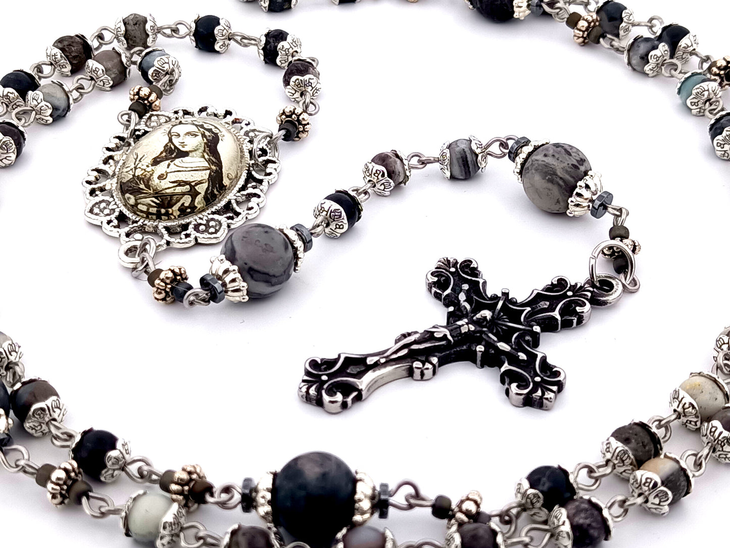 Saint Philomena zebra jasper gemstone unique rosary beads with stainless steel filigree crucifix.