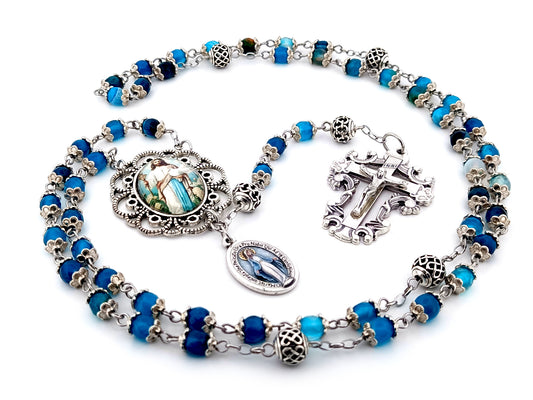 The Good Shepherd blue striped agate and silver gemstone unique rosary beads with filigree crucifix.