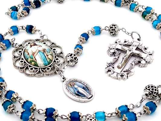 The Good Shepherd blue striped agate and silver gemstone unique rosary beads with filigree crucifix.
