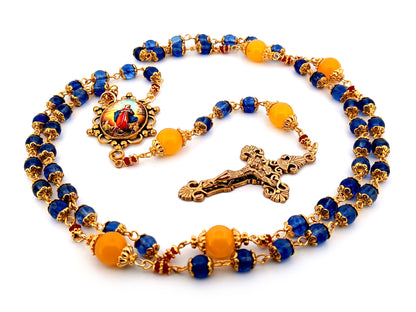 Our Lady Undoer of Knots blue and pale orange glass unique rosary beads with gold plated filigree crucifix.