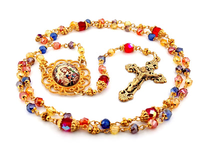 Our Lady of Perpetual Succour multi coloured faceted glass rosary beads with gold plated filigree crucifix.