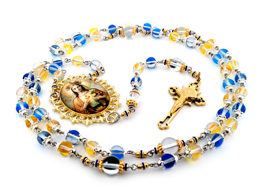 Immaculate Heart of Mary moonstone glass unique rosary beads with gold plated Saint Benedict crucifix.