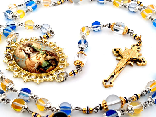 Immaculate Heart of Mary moonstone glass unique rosary beads with gold plated Saint Benedict crucifix.