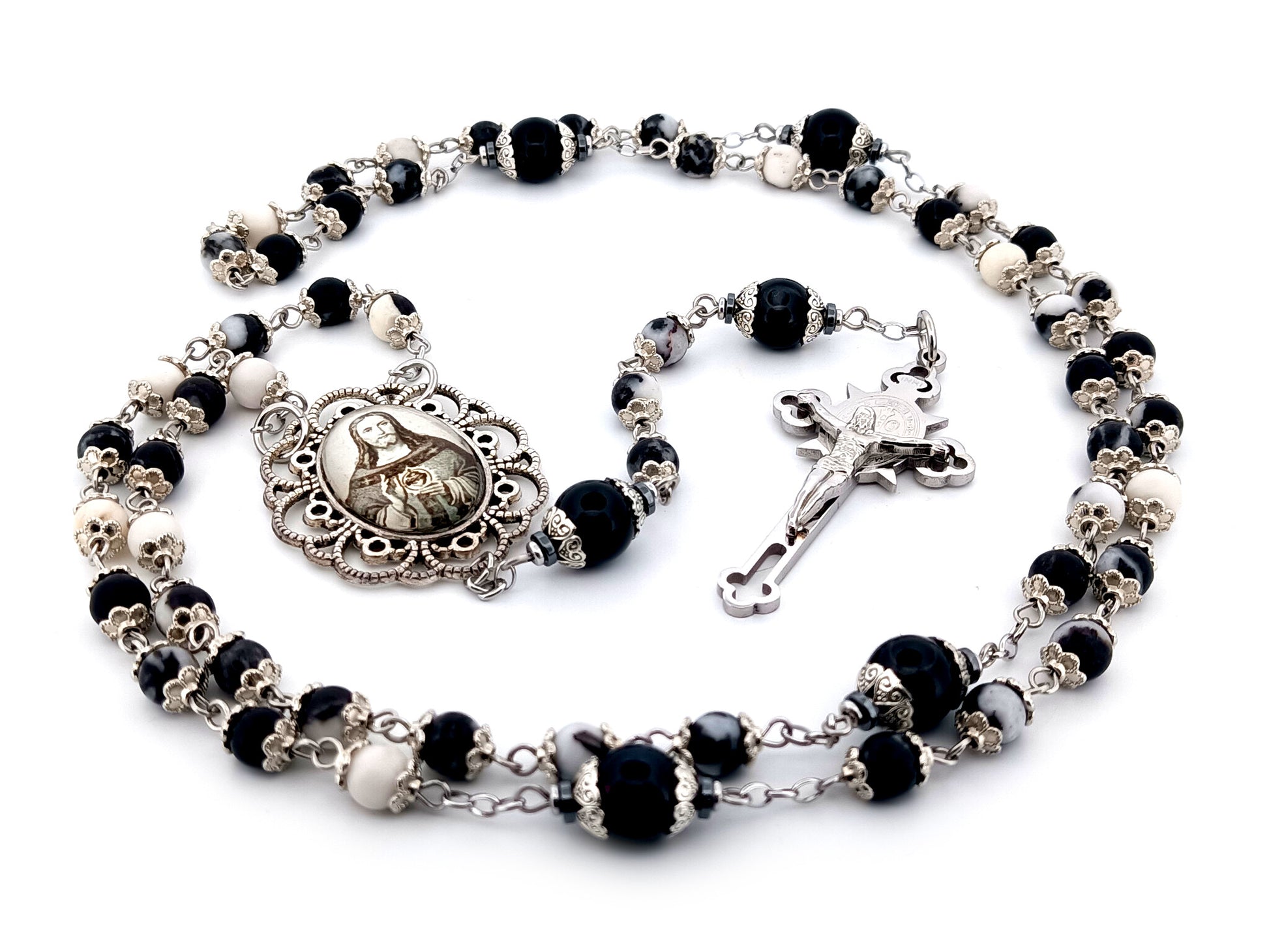 Sacred Heart of Jesus zebra jasper gemstone unique rosary beads with Saint Benedict crucifix.