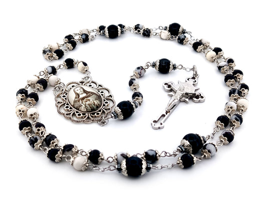 Sacred Heart of Jesus zebra jasper gemstone unique rosary beads with Saint Benedict crucifix.