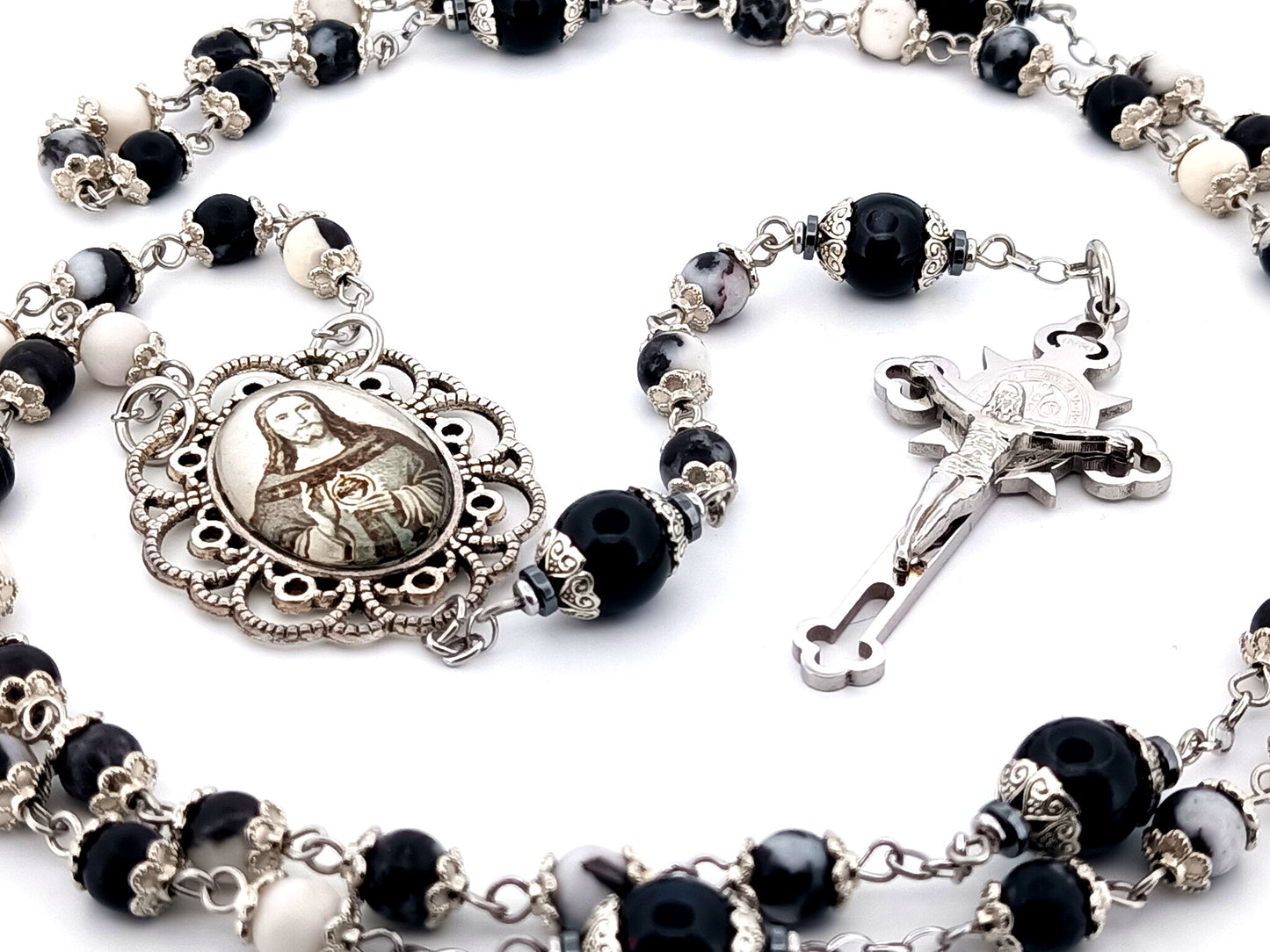 Sacred Heart of Jesus zebra jasper gemstone unique rosary beads with Saint Benedict crucifix.