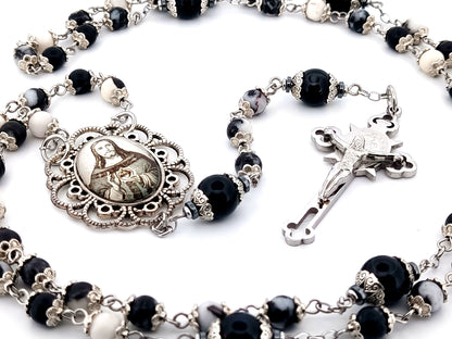 Sacred Heart of Jesus zebra jasper gemstone unique rosary beads with Saint Benedict crucifix.
