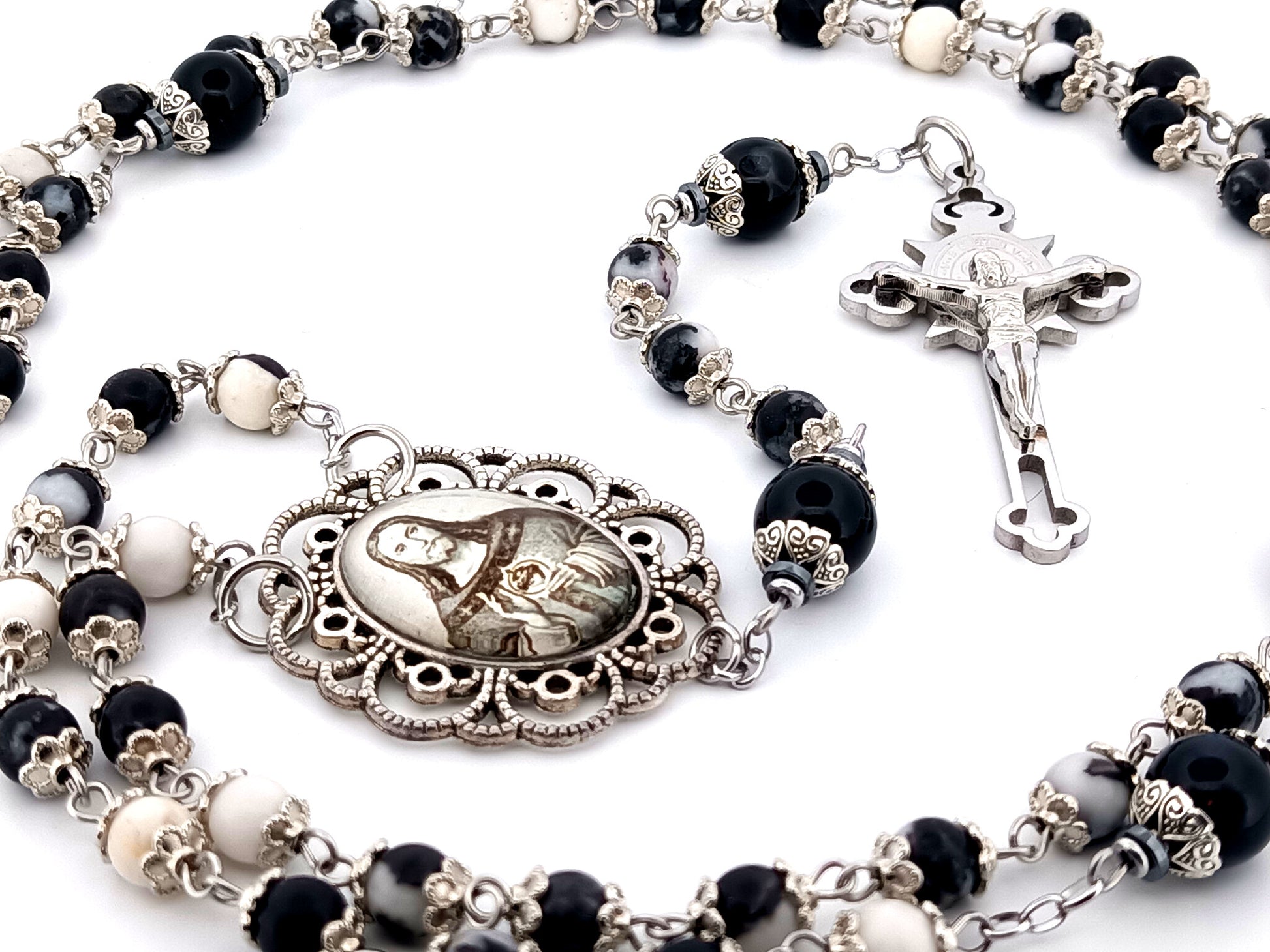 Sacred Heart of Jesus zebra jasper gemstone unique rosary beads with Saint Benedict crucifix.