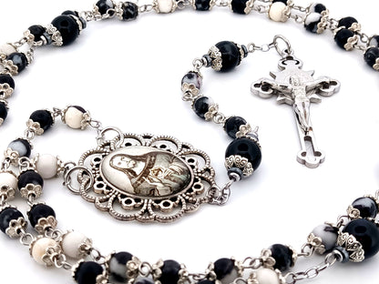 Sacred Heart of Jesus zebra jasper gemstone unique rosary beads with Saint Benedict crucifix.