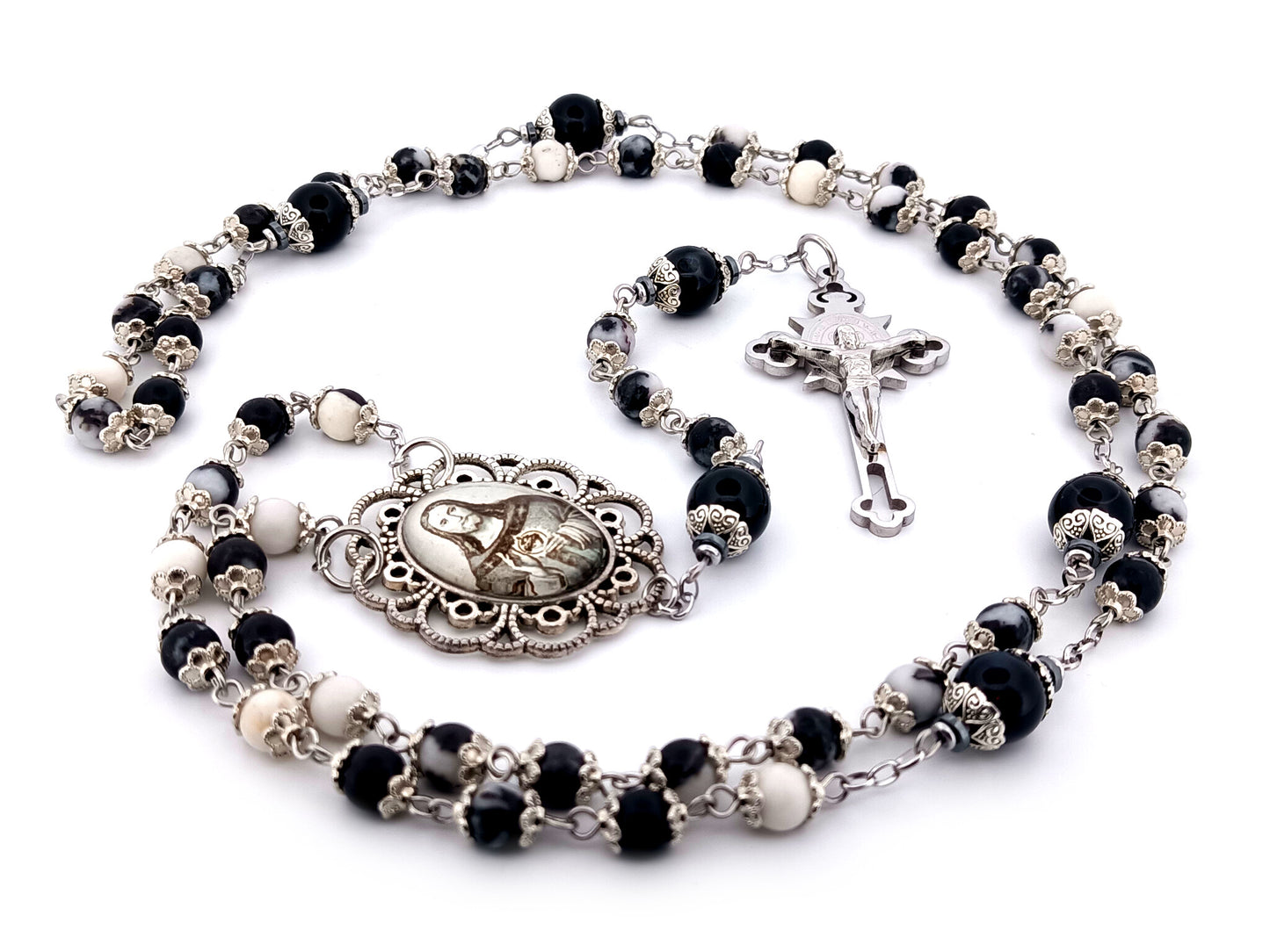 Sacred Heart of Jesus zebra jasper gemstone unique rosary beads with Saint Benedict crucifix.