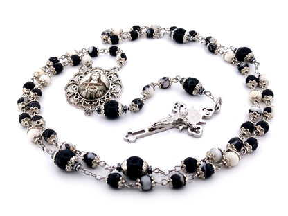 Sacred Heart of Jesus zebra jasper gemstone unique rosary beads with Saint Benedict crucifix.