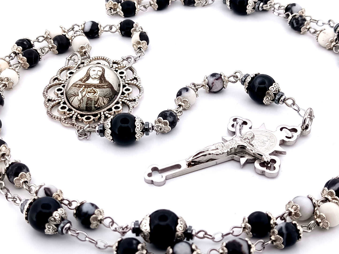 Sacred Heart of Jesus zebra jasper gemstone unique rosary beads with Saint Benedict crucifix.