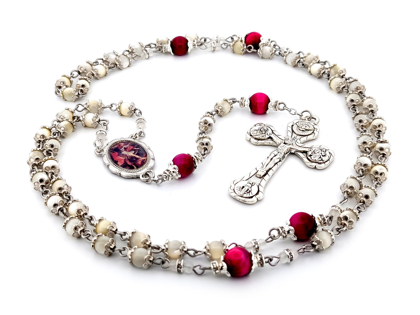 Saint Michael the Archangel mother of pearl and pink tigers eye unique rosary beads with Four Basilica crucifix.