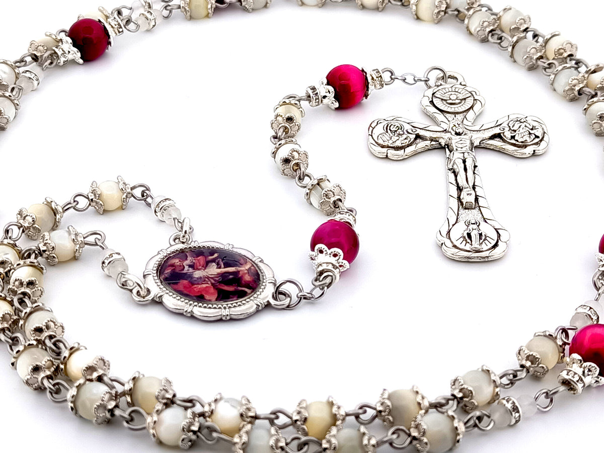 Saint Michael the Archangel mother of pearl and pink tigers eye unique rosary beads with Four Basilica crucifix.