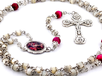 Saint Michael the Archangel mother of pearl and pink tigers eye unique rosary beads with Four Basilica crucifix.