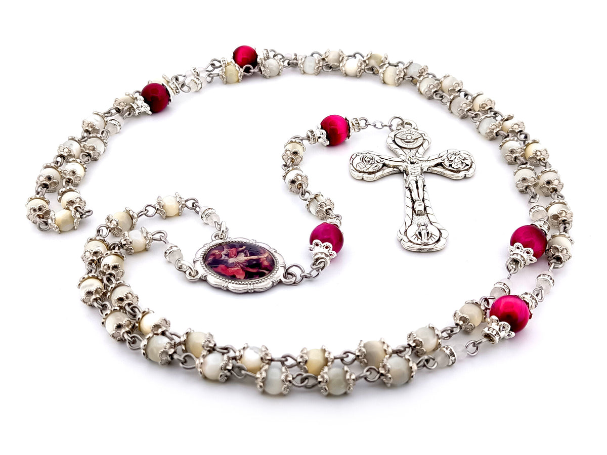 Saint Michael the Archangel mother of pearl and pink tigers eye unique rosary beads with Four Basilica crucifix.
