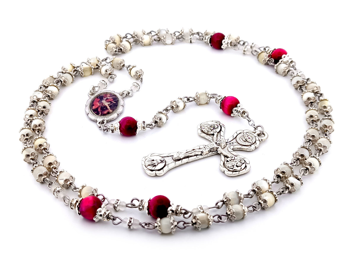 Saint Michael the Archangel mother of pearl and pink tigers eye unique rosary beads with Four Basilica crucifix.